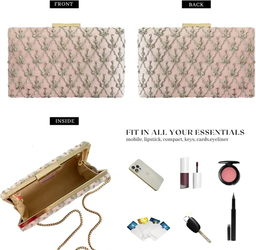 Vista 6 de AMYRA Anya Box Clutch, bolso de mano casual, regalos de cumpleaños, Crema y oro claro
