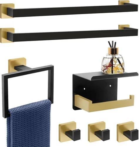 Vista 13 de Juego de barras para toallas de 5 piezas en negro y dorado - Accesorios de baño dorados y negros con 2 ganchos para toallas, juego de barras