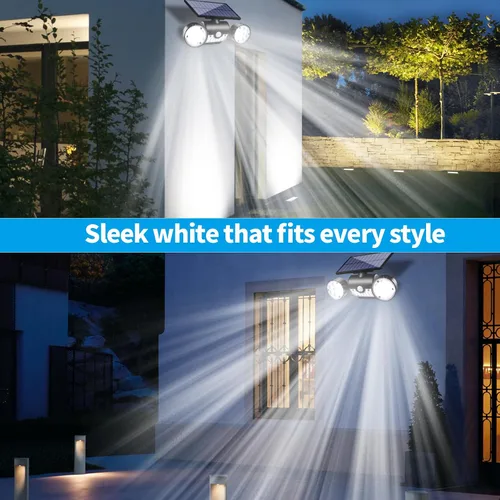 Vista 7 de Luces solares para exteriores, con sensor de movimiento, luces solares de pared con focos de doble cabeza, 30 LED, impermeables, 360°, luces