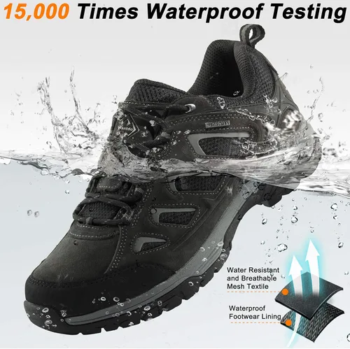 Vista 2 de wantdo Zapatos de senderismo impermeables de corte bajo para hombre, anchos, transpirables, antideslizantes, para senderismo, ciclismo de montaña