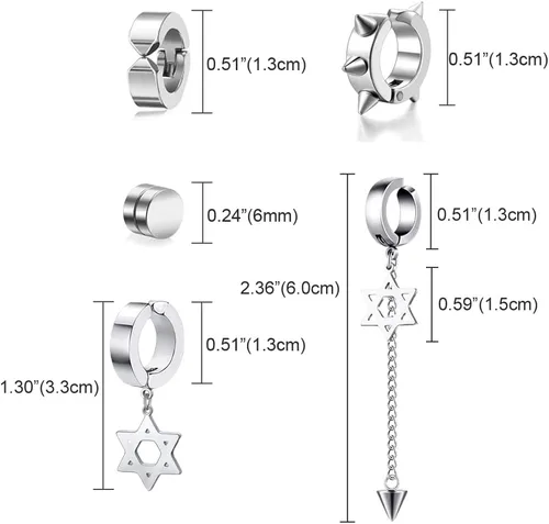 Vista 7 de Juego de 5 pares de aretes de aro de acero inoxidable negro sin perforación, remaches cruzados y borla para mujeres, hombres, niños y niñas, aretes