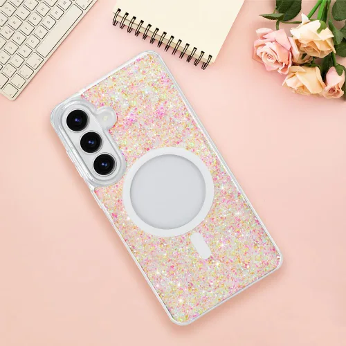 Vista 243 de Bonoma - Funda compatible con Samsung Galaxy S21 Plus, diseño de corazón con purpurina, color rosa Support for MagSafe, Plating Magnetic Case TPU