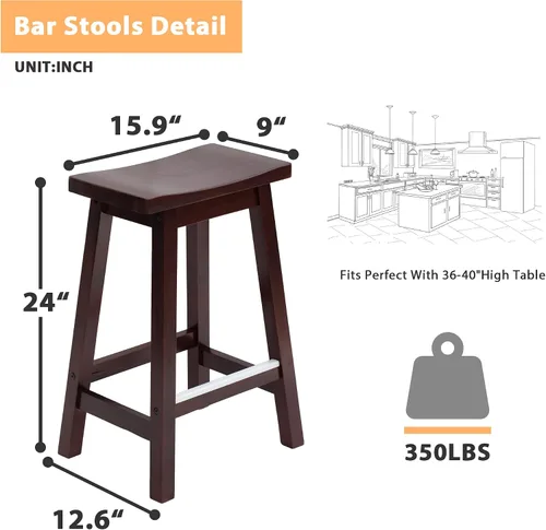 Vista 2 de Juego de 2 taburetes de bar de 24 pulgadas, taburetes de bar de altura de mostrador con placas de pie de metal, taburetes de bar de cocina, taburete