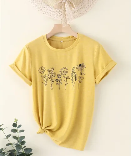 Vista 3 de GLIGLITTR Camiseta floral para mujer, diseño de flores silvestres, camiseta casual suelta con cuello redondo y manga corta