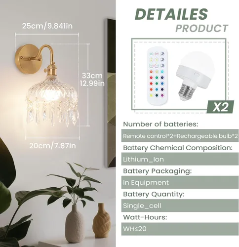 Vista 6 de Apliques de pared inalámbricos vintage que funcionan con pilas, luces de pared de latón antiguo con batería recargable, lámpara de pasillo de lujo