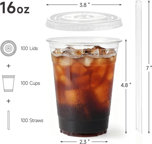 Vista 2 de Paquete de 100 vasos de plástico transparente de 16 onzas con tapas y pajitas, tazas desechables para café helado para llevar, vasos resistentes