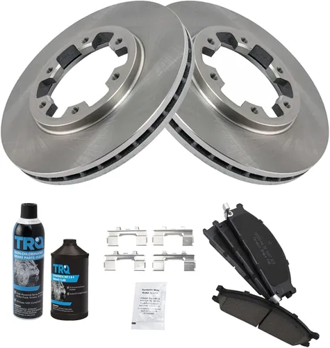 Vista 2 de TRQ Kit de pastillas de freno delantero y rotor, kit químico de freno, pastillas de freno de cerámica compatible con Nissan D21 1986-1994 1999-2002