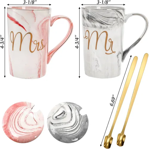 Vista 3 de Yesland Tazas de Café Mr and Mrs de 13.5 Oz, Regalos de Boda para Pareja/Novia y Novio, Tazas de Cerámica con Mármol para Despedida de Soltera