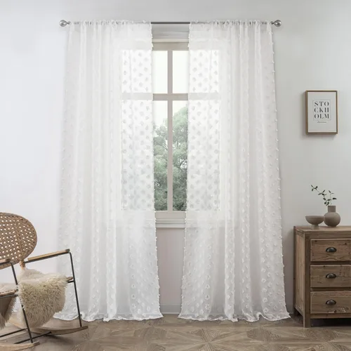 Vista 13 de DriftAway Olivia - Cortinas transparentes de gasa gris de vellón bordado para ventana con pompones, 2 paneles con pliegue para barra de 52 pulgadas