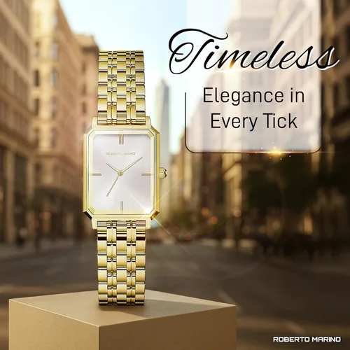 Vista 2 de Roberto Marino RM1982 Reloj de Lujo para Mujer Rectangular en Oro Movimiento de Cuarzo Japonés, Diseño Vintage de Acero Inoxidable, Esfera