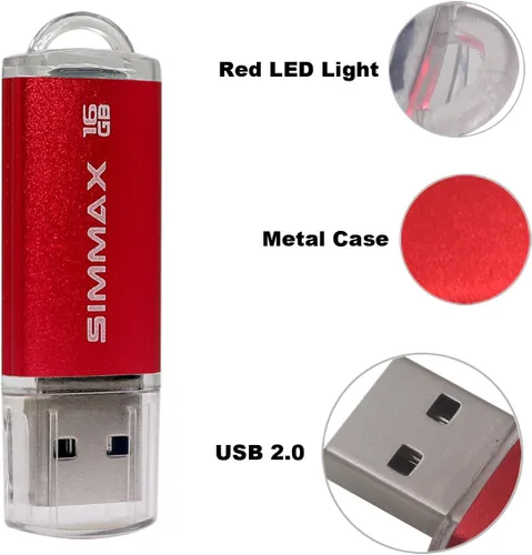 Vista 6 de SIMMAX Paquete de 2 unidades flash USB 2.0 de 16 GB con indicador LED (rojo y morado)