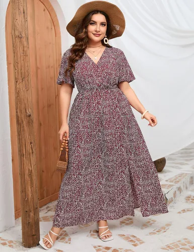 Vista 2 de KOJOOIN Vestido largo cruzado de talla grande para mujer, mangas cortas con volantes, cintura imperio, dividida, acampanado, vestido casual bohemio