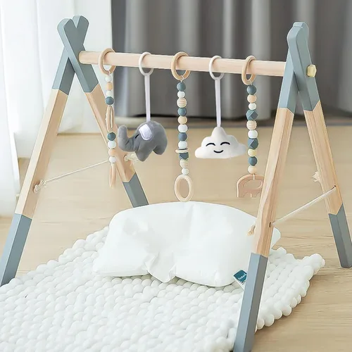 Vista 5 de Gimnasio de madera para bebés plegable con marco de gimnasio, gimnasio de actividades, barra colgante con 5 juguetes naturales para bebés recién Gris