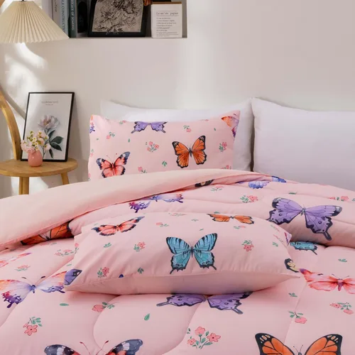 Vista 5 de Btargot Juego de edredón de 3 piezas con diseño de mariposas para niños, juego de cama con estampado de flores coloridas para mujeres y niñas