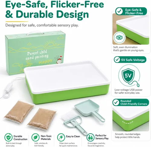 Vista 6 de Caja de luz de pintura de arena de 16 pulgadas, mesa sensorial portátil iluminada para niños y adultos, 3 modos de color y 10 niveles, mesa