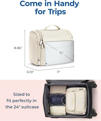 Vista 5 de BAGSMART Neceser de viaje para maquillaje con gancho para colgar, bolsa de cosméticos, organizador de gran capacidad, resistente al agua, para Beige