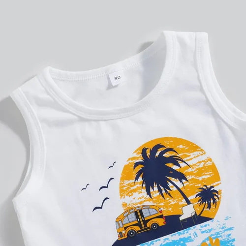 Vista 3 de Conjunto de pantalones cortos para niños pequeños, camiseta estampada junto al mar, 2 piezas, ropa de verano
