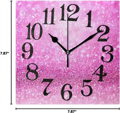 Vista 7 de Naanle Reloj de pared acrílico con estampado de purpurina rosa brillante, diseño de princesa para niña, redondo, cuadrado, diamante, pintura al