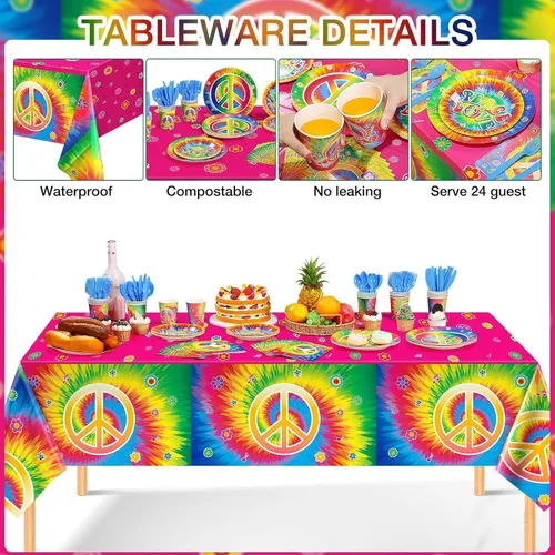 Vista 3 de 172 piezas de suministros para fiesta de cumpleaños de teñido anudado sirven para 24 personas y 60 años 60, decoración de fiesta temática hippie