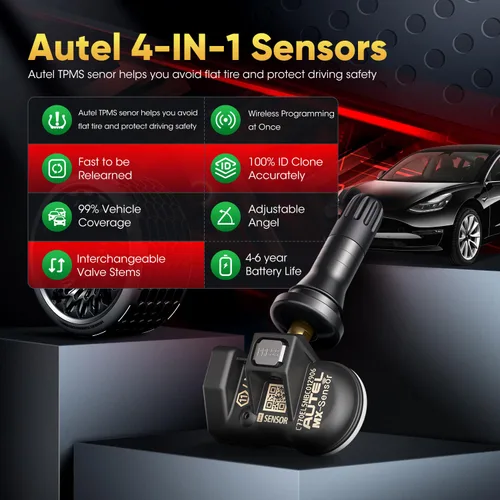 Vista 2 de Autel Juego de 4 sensores TPMS, sensor MX-2 en 1, 315 MHz + sensor programable universal TPMS de presión de 433 MHz, nivel OE 100% clonable por