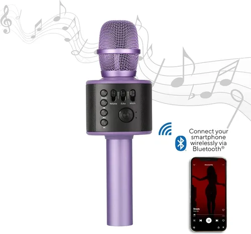 Vista 6 de Micrófono de karaoke inalámbrico Bluetooth con altavoces incorporados + grabación HD, micrófono portátil de mano Lila