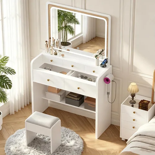 Vista 7 de Juego de escritorio de maquillaje con espejo iluminado LED, tocador y taburete, 5 cajones de almacenamiento, toma de corriente, luces regulables sin