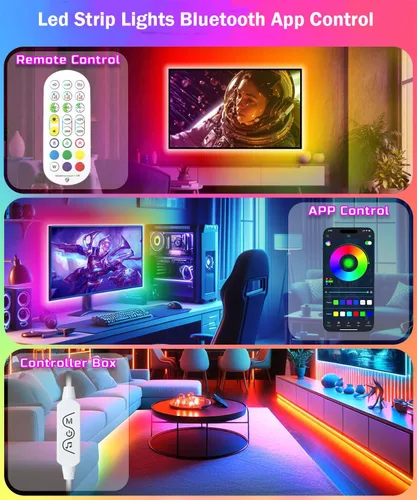 Vista 6 de Tira de luces LED para dormitorio de 33 pies, luces LED IC-RGB para habitación con control remoto de aplicación Bluetooth, tira de luz LED USB