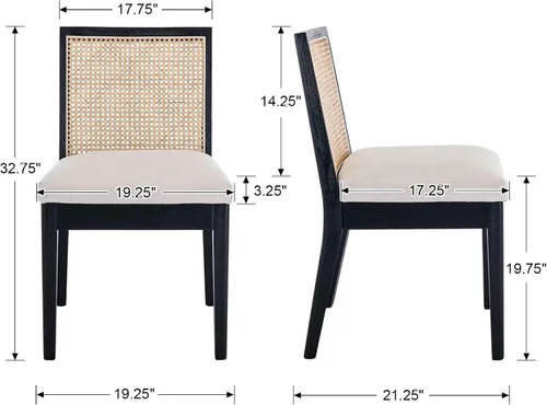 Vista 7 de HNY Juego de 2 sillas de comedor de ratán estilo granja, marco de madera maciza negra, asiento tapizado de lino, sillas de comedor ergonómicas