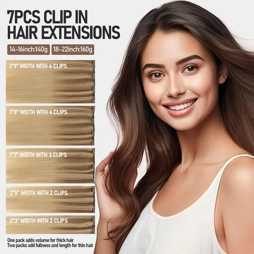 Vista 64 de VINBAO Extensiones de cabello humano con clip, balayage, color marrón ceniza a rubio caramelo, 14 pulgadas, 6 unidades, 3.53 onzas, 6