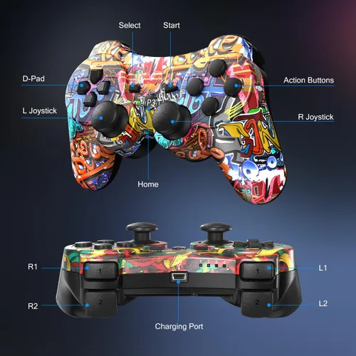 Vista 6 de Yinjie 2 Pack Wireless Controller for PS3, Compatible with Playstation 3, with 2 Charging Cables - Graffiti