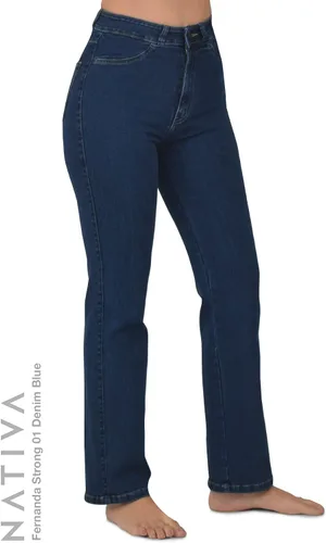 Vista 3 de Nativa Pantalones de mezclilla de tiro alto para mujer, tela de mezclilla de piel de durazno, pierna recta, ajuste elástico Fernanda, fuerte, ultra