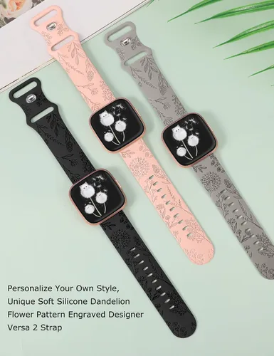Vista 2 de Minyee Paquete de 3 correas grabadas florales compatibles con Fitbit Versa 2/Versa Lite, silicona suave, patrón de flor de diente de león, correa