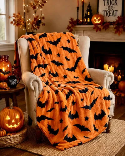 Vista 9 de Manta de forro polar de Halloween, murciélagos negros sobre fondo naranja, 50 x 70 pulgadas Ultra-soft cozy flannel fleece, for sofa couch bed