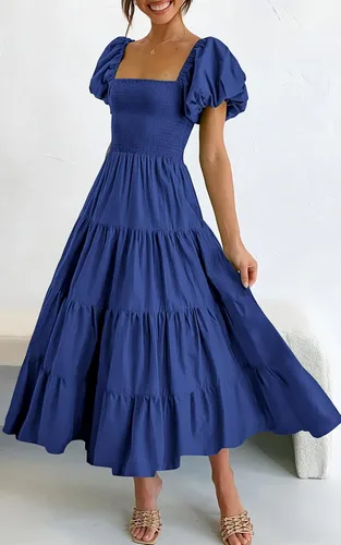 Vista 3 de CFLONGE Vestido de playa para mujer, estilo bohemio, casual, de verano, 2023, cuello cuadrado, manga abombada, cintura alta, volantes, acampanado