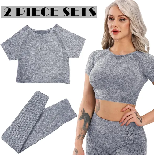 Vista 2 de YOFIT - Conjunto deportivo de 2 piezas leggings de yoga de cintura alta sin costuras y crop top con manga larga para mujer juego de ropa