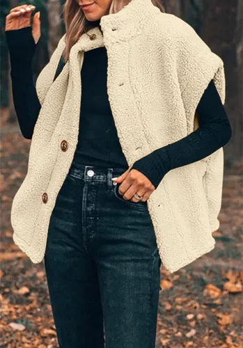 Vista 38 de Hongqizo - Chaleco de forro polar mullido para mujer, casual, de gran tamaño, cálido, con botones, chaqueta de sherpa con bolsillos