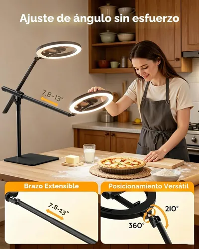 Vista 6 de Anillo de luz con soporte para escritorio, soporte de teléfono superior ajustable con trípode de luz de anillo de 10 pulgadas para iPhone, trípode