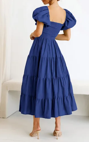 Vista 4 de CFLONGE Vestido de playa para mujer, estilo bohemio, casual, de verano, 2023, cuello cuadrado, manga abombada, cintura alta, volantes, acampanado