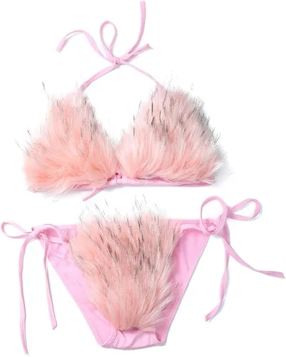 Vista 21 de ZOSCGJMY Conjunto de bikini de dos piezas de piel sintética para mujer Beige
