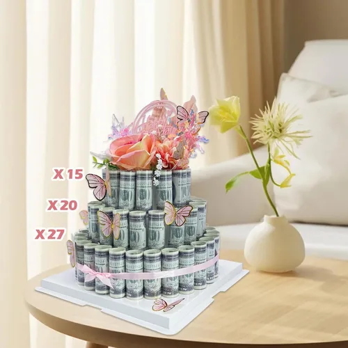 Vista 6 de Caja de regalo en efectivo, caja de regalo feliz, pastel de flores, regalo sorpresa para el día de San Valentín (rosa de tres niveles)