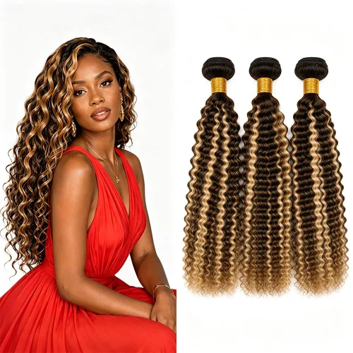 Vista 121 de P4613 Cabello humano rizado onda profunda marrón y paquetes mixtos 8 10 12 P4613 Ombre Marrón-Rubio-DP