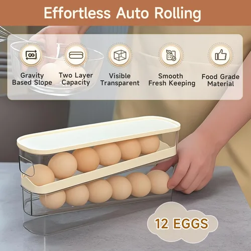 Vista 7 de Soporte rodante para huevos para refrigerador, dispensador de huevos para refrigerador, contenedor de almacenamiento rodante automático