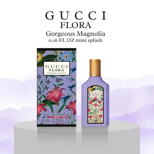 Vista 2 de Gucci Flora Gorgeous Magnolia Perfume para mujer EDP Mini Splash 0.16 onzas líquidas Designer perfume mini, luxury fragrance, pocket