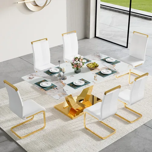 Vista 45 de Juego de mesa de comedor para 4, mesa de comedor de mármol sintético de 63 pulgadas con patas y base de acero inoxidable, sillas acolchadas