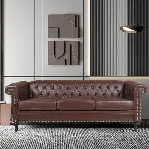 Vista 10 de Sofá Chesterfield moderno de tres plazas, sofá de piel sintética con brazos cuadrados, cómodos sofás para sala de estar, oficina, sala de recepción