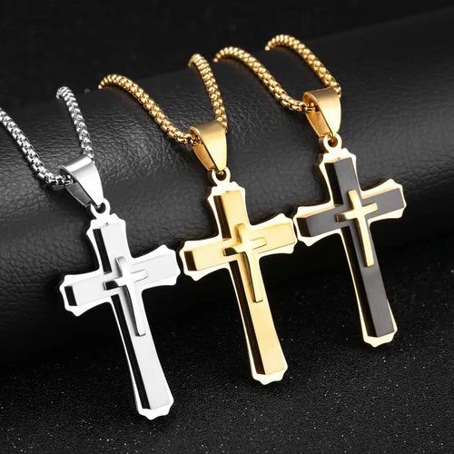 Vista 6 de OLEVS Collar con colgante de cruz para hombre collar grande con colgante de cruz de acero inoxidable para hombres y mujeres Metal
