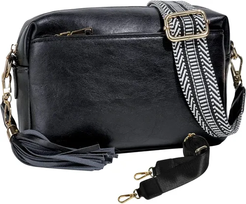 Vista 7 de Bolsos cruzados para mujer, bolso cruzado pequeño de cuero vegano, bolso de hombro para mujer con 2 correas anchas y borlas