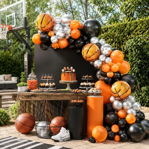 Vista 6 de Kit de guirnalda de globos de baloncesto, globos metálicos naranjas, negros y plateados con globos de papel de aluminio de baloncesto para Rojo Azul