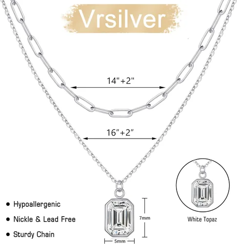 Vista 6 de Stocking Stuffers for Women - Layered Birthstone Necklace for Women Girls, 14K Gold-Plated Paperclip Chain Choker Necklace with Rectangle Birthstone