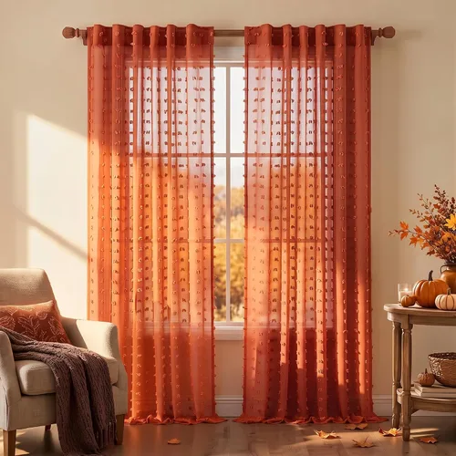 Vista 22 de Cortinas negras KOUFALL de 45 pulgadas de largo para ventana de cocina, cortinas transparentes con pompones y textura de encaje bohemio con bolsillo